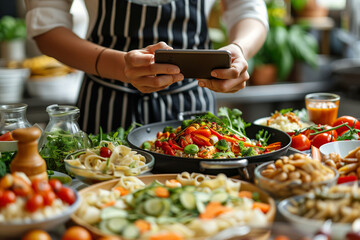 A woman in a striped apron uses her smartphone to take a photo of an array of colorful, healthy dishes arranged on a kitchen countertop.