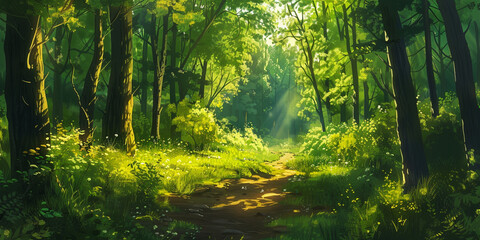 Obraz premium A path leading through the forest, with sunlight filtering down from towering trees and lush greenery surrounding it