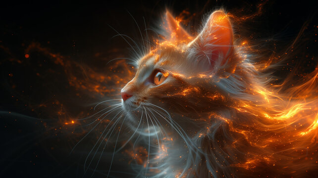 Fiery Feline Portrait: A young black and white kitten with captivating green eyes gazes into the distance against a backdrop of flames