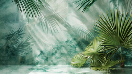 Naklejka premium Serene and elegant, a marble mosaic unfolds with a mesmerizing palm leaves green pattern, creating a modern artistic statement.