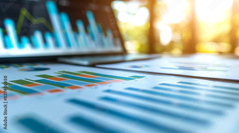 Poster business data analysis with charts on blurred background showing financial report in sunlight, conce