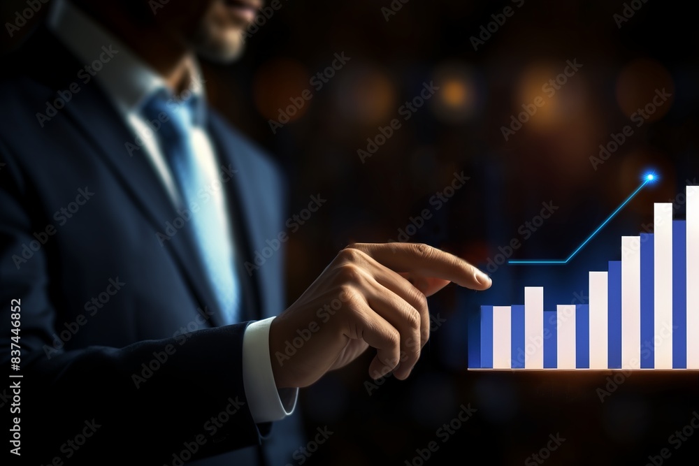 Aufkleber businessman interacting with a glowing touch screen showing a bar graph, symbolizing business growth