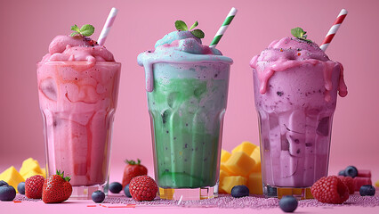 3d rendered multi-flavored fruit smoothies with small fruit pieces