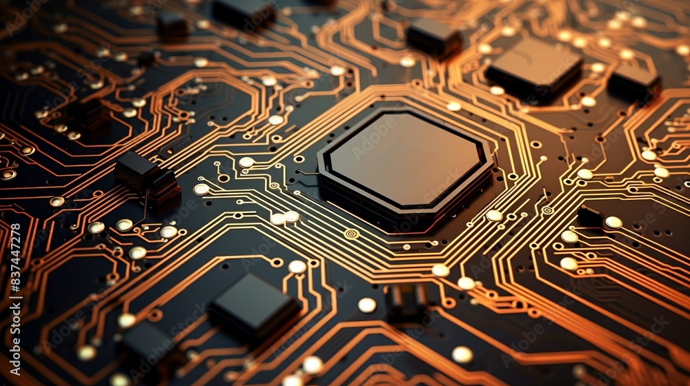 Poster close-up of a futuristic circuit board showcasing intricate gold pathways and black components, repr