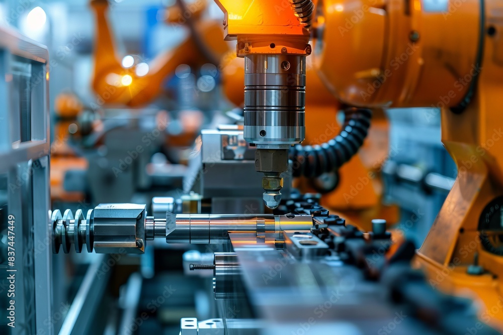 Poster close-up of an industrial robotic arm operating in a modern factory automation environment, showcasi