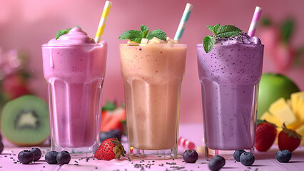 3d rendered multi-flavored fruit smoothies with small fruit pieces