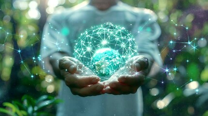 Man hands holding global network and data customer connection on nature background, Seamless looping time-lapse virtual 4k video animation background