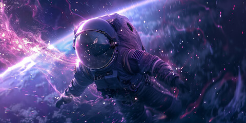 A neon astronaut in a suit floating in space