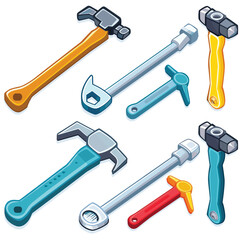 Assorted tools featuring wrenches, hammers, adjustable spanners cartoon style, vibrant colors. Illustrated hardware tools construction repair concept, isolated white background. Different tool types