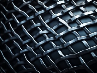 Close-up texture of interwoven metallic wires in a dark and moody lighting, showcasing the intricate details and industrial design elements.