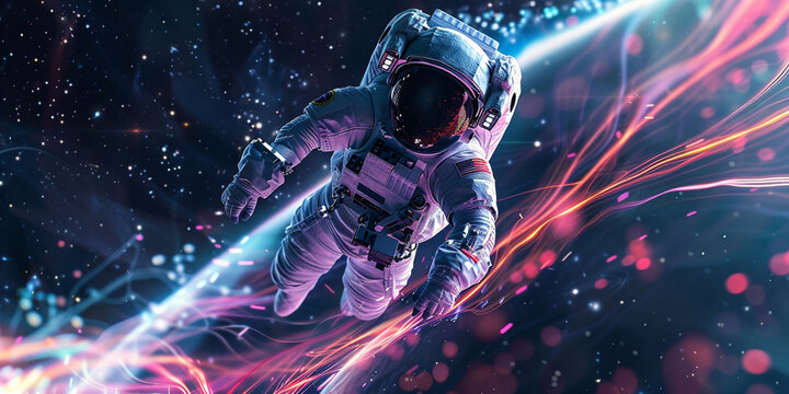 A neon astronaut in a suit floating in space