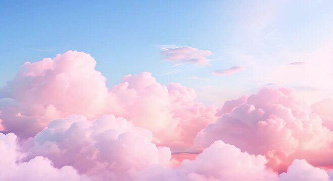 Fluffy pink clouds against a blue sky at sunset, copy space, dreamy background