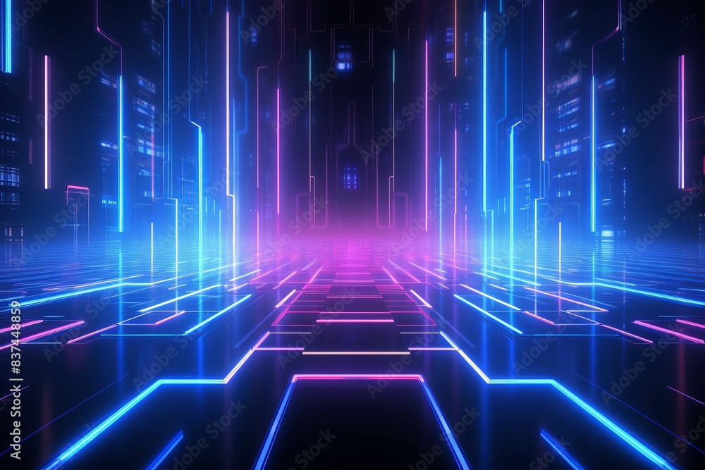 Poster futuristic digital landscape with glowing neon lights and vibrant grid lines creating a virtual real