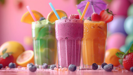 3d rendered multi-flavored fruit smoothies with small fruit pieces