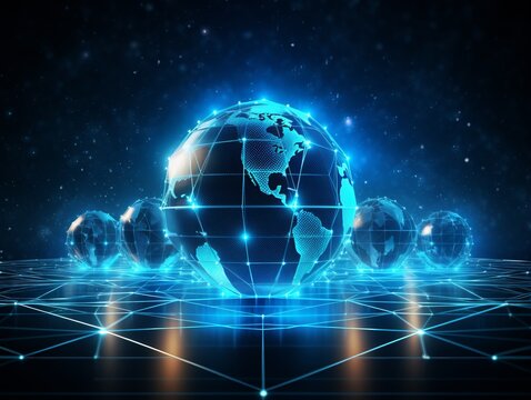 Futuristic digital globe concept with interconnected nodes, representing global network, technology, and connectivity. Blue neon aesthetic.