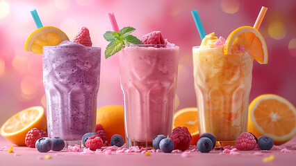 3d rendered multi-flavored fruit smoothies with small fruit pieces