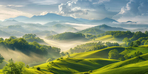 Beautiful green valley landscape with sunlight rays shining through the clouds over the mountain range, in a misty morning - Powered by Adobe