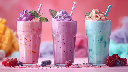 3d rendered multi-flavored fruit smoothies with small fruit pieces