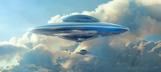 Obraz premium A large, glowing, alien shaped UFO saucer object is flying. UAP, Unexplained Aerial Phenomena