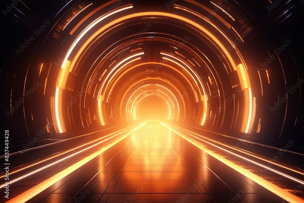 Poster futuristic glowing tunnel with neon lights creating a mesmerizing effect, suitable for sci-fi themes