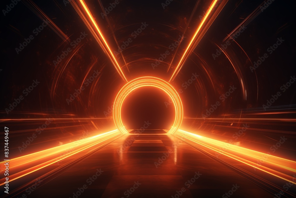 Poster futuristic glowing tunnel with vibrant orange lights illustrating speed and technology. abstract lig