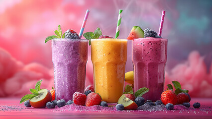 3d rendered multi-flavored fruit smoothies with small fruit pieces