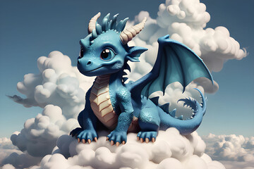 A cute blue baby dragon sitting on a cloud