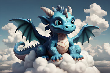 A cute blue baby dragon sitting on a cloud