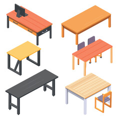 Isometric furniture collection showing various tables. Modern office desk computer, dining table chairs, minimalistic tables interior design. Isolated white background, colorful 3D render tables