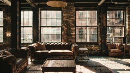 Large windows in a modern apartment let sunlight illuminate the exposed brick, creating a cozy atmosphere