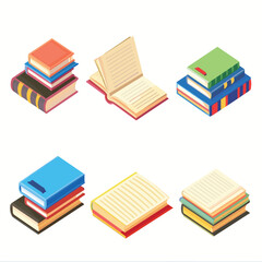 Stacked colorful books isometric vector illustration isolated white background. Open book pages fluttering hardcover book collection education concept. Various arrangements library reading materials