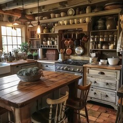 Entering a cozy kitchen with rustic charm, envisioning cooking a delicious meal with fresh ingredients. The inviting ambiance is enhanced by the warm wood and vintage crockery