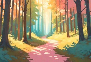Fototapeta premium autumn in the forest Forest Path: A serene forest path with tall trees and dappled sunlight.