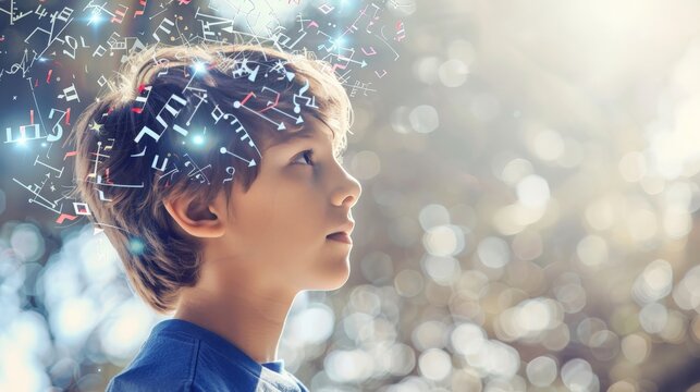 An abstract representation of mathematical symbols floating around a young student's head, symbolizing intense thought and cognitive processes in learning.