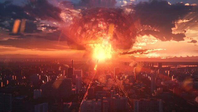 a boom nuclear exploding on city landscape at war video looping background	
