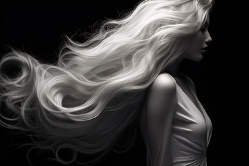 Fototapeta premium Elegant Woman with Flowing White Hair in Monochrome
