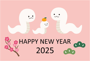 2025年巳年の年賀状テンプレート　蛇年　かわいい　ベクター　蛇の親子　白蛇	