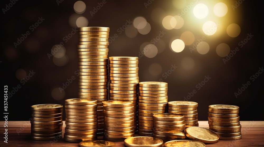 Poster stack of shiny gold coins piled up on a wooden surface with a glowing bokeh background, symbolizing 