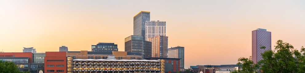 Birmingham city center skyline panorama at sunrise. England
