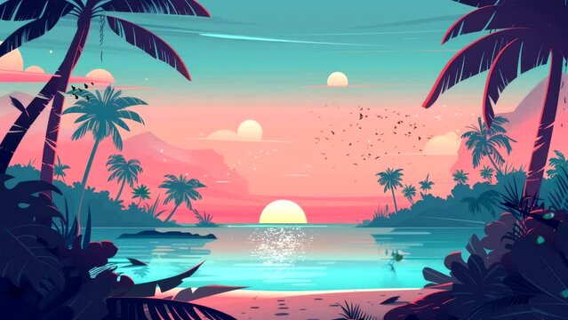 beautiful sunset on beach on summer cartoon anime style video looping background