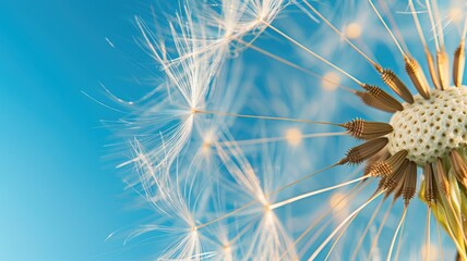 Close-up of dandelion seed head against bright blue sky