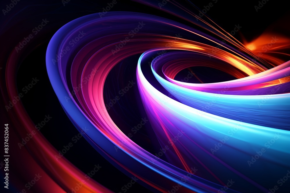 Poster vibrant abstract digital art with swirling colorful light trails on a dark background, creating a dy