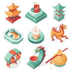 Isometric Chinese cultural icons set featuring traditional architecture, sculptures, tea ceremony. Icons include pagoda, dragon statue, ginseng root. Elements colorful isolated white background
