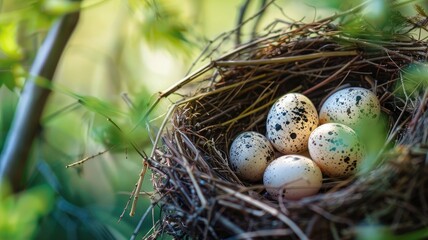 Five speckled eggs in bird's nest surrounded by greenery