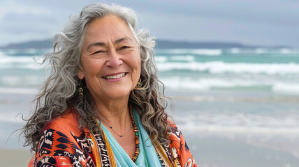 Maori Mature Woman with Gray Hair at Beach, Smiling
