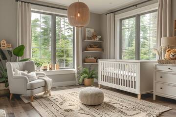 Modern beige nursery with white crib, grey rocking chair, patterned rug, changing table with storage, bookshelf with children's toys, large window with blackout curtains, and soft cozy atmosphere