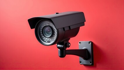 A modern security camera mounted on a red wall, perfect for surveillance themed designs