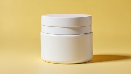 White cosmetic jar on a yellow background, perfect for skincare product design concepts