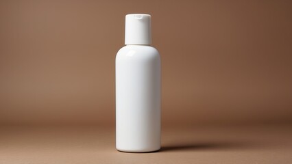 Plain white cosmetic bottle against a brown background in a minimalist composition
