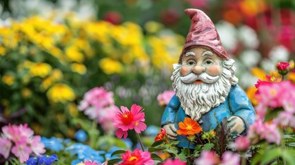 Obraz premium Gnome statue in colorful garden surrounded by blooming flowers